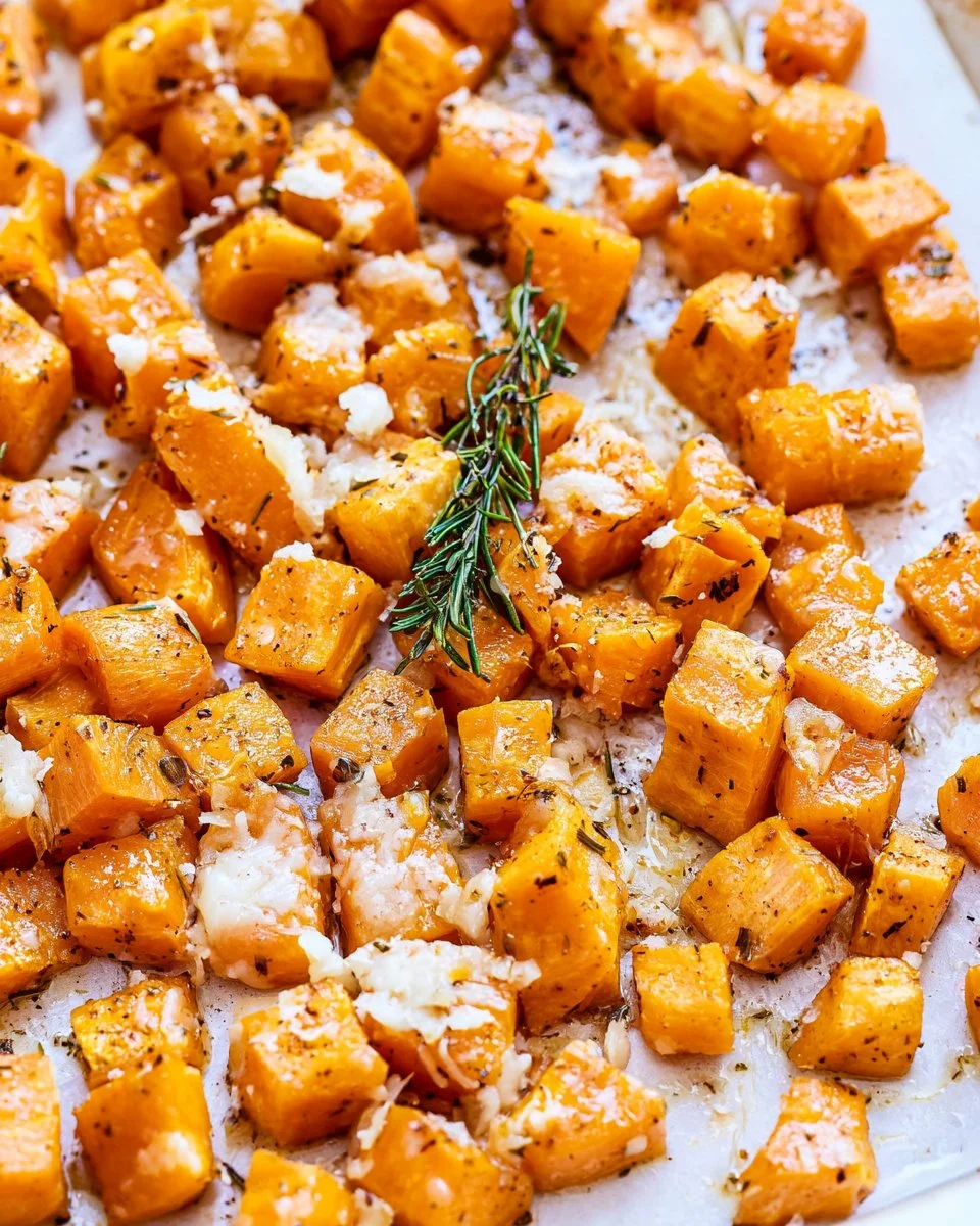 Roasted sweet potatoes with rosemary and parmesan cheese