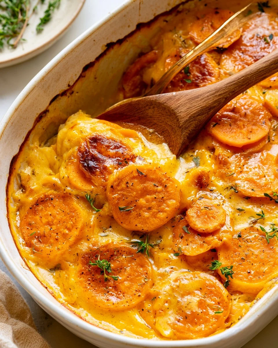Baked scalloped sweet potatoes layered with cream and herbs