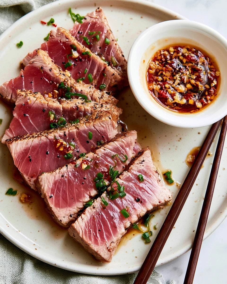 Seared tuna steak served with a flavorful dipping sauce