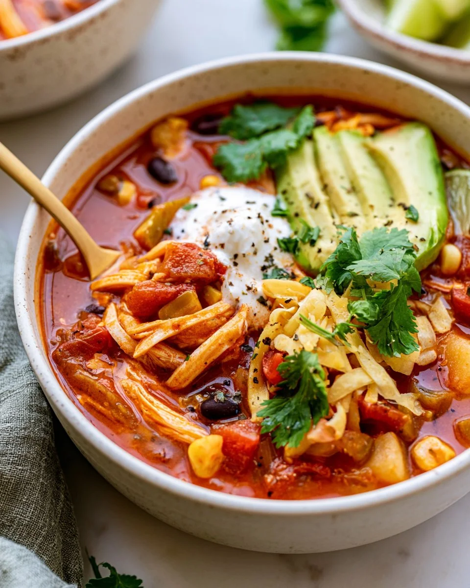 Delicious slow cooker chicken enchilada soup served with toppings
