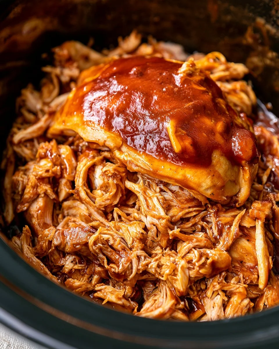 Slow Cooker Shredded BBQ Chicken served in a bowl with sauce and garnish.