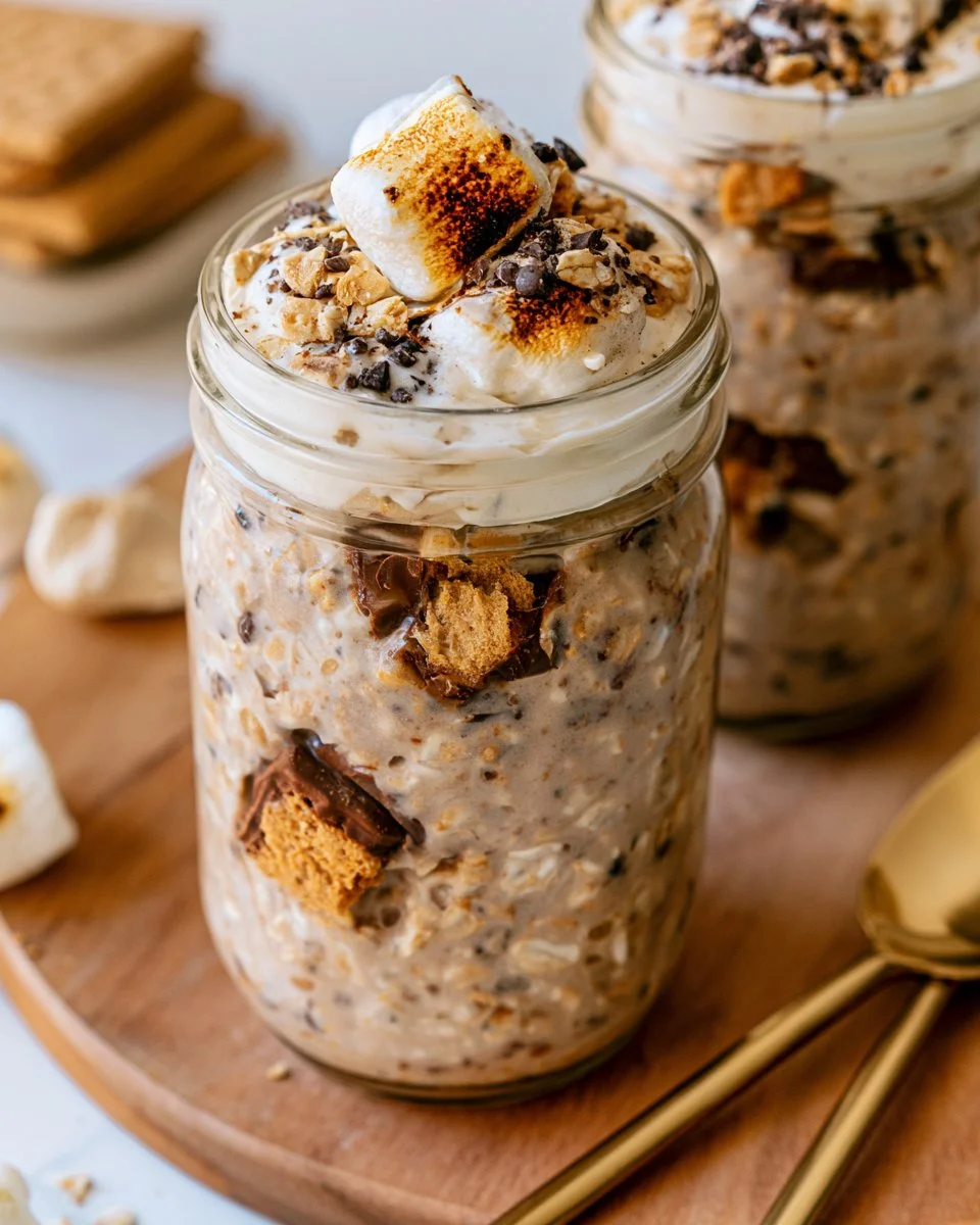 Bowl of S'mores Overnight Oats topped with chocolate, graham crackers, and marshmallows