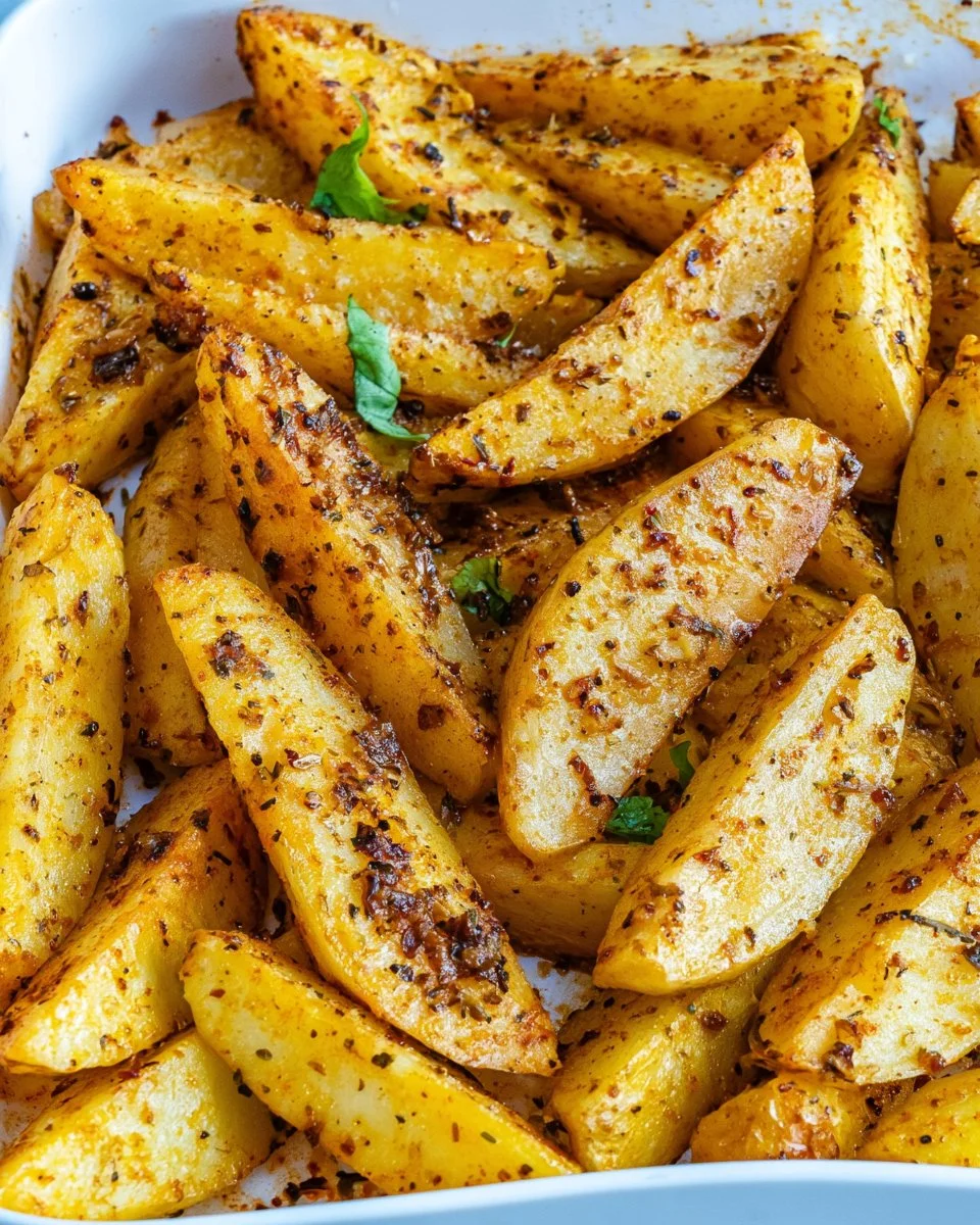 Plate of spicy-garlicy baked potato wedges garnished with herbs