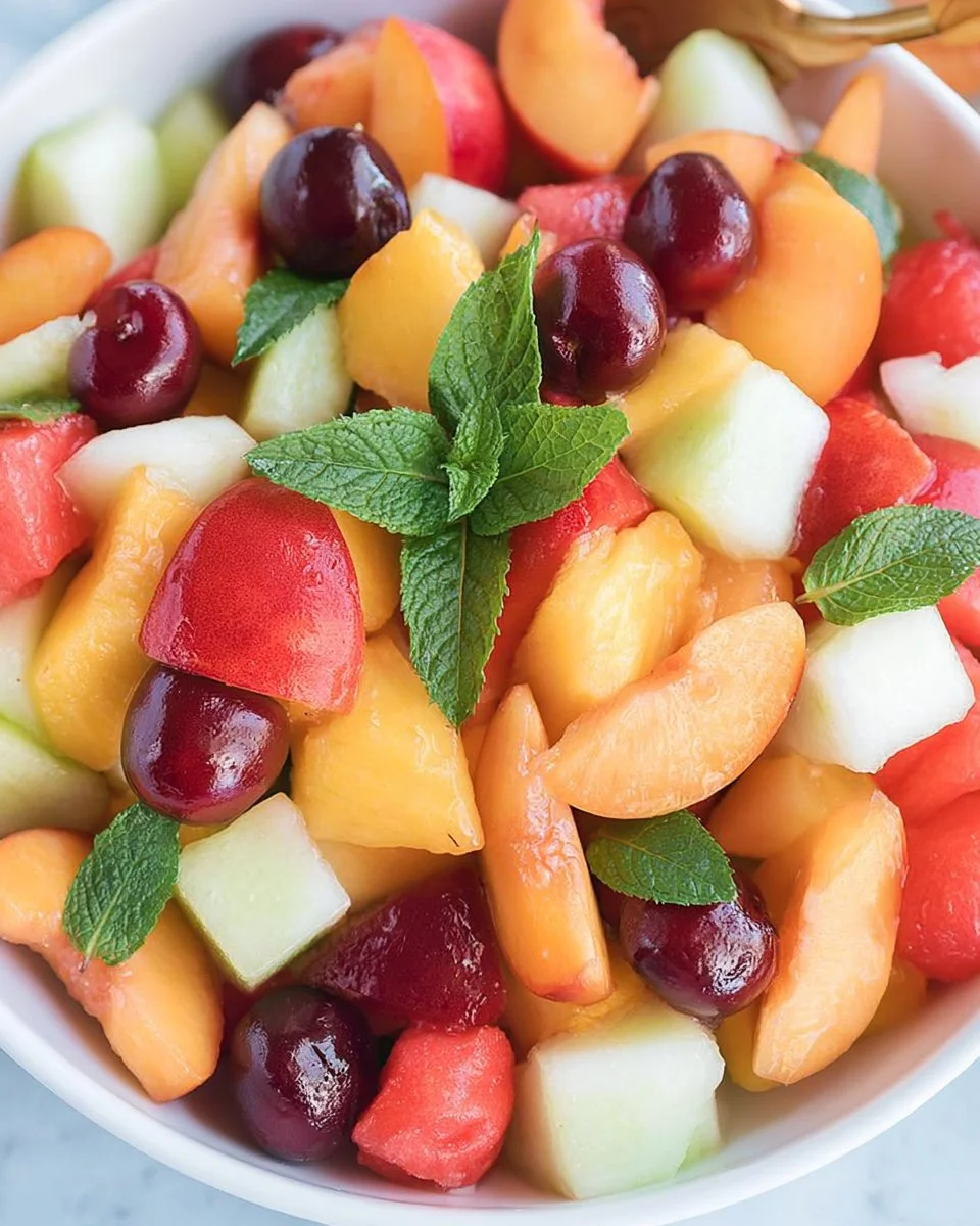 Colorful summer salad featuring stone fruits and melons in a vibrant bowl