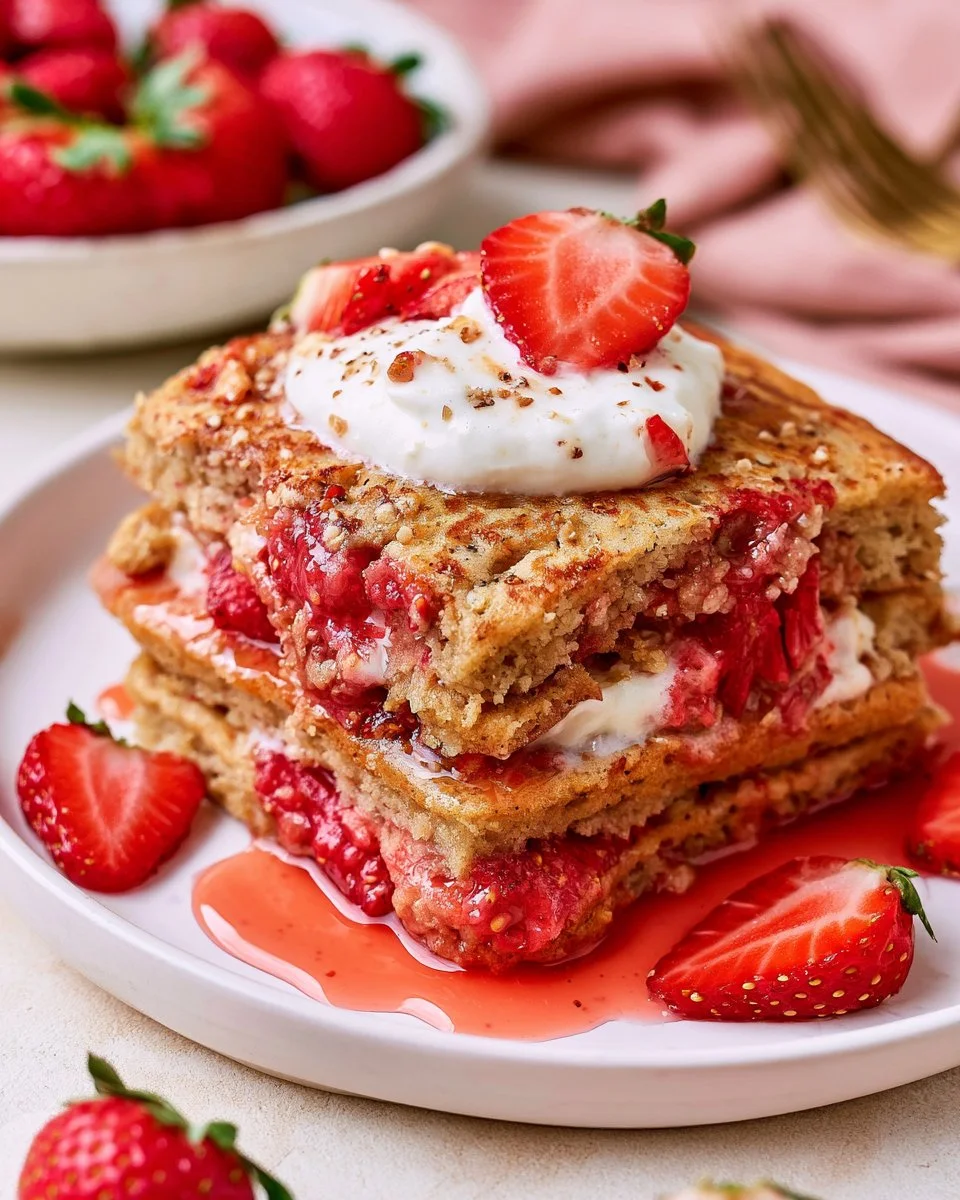 Fluffy strawberry baked pancakes topped with fresh strawberries and syrup