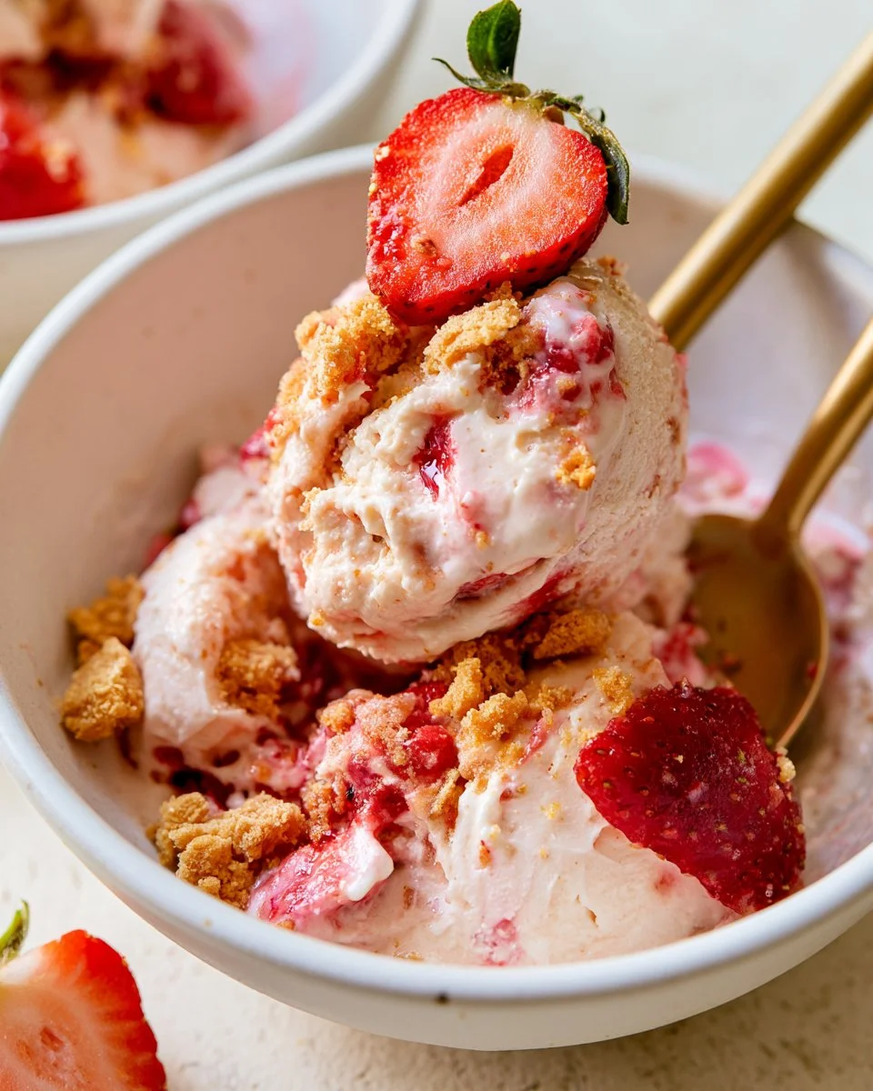 Strawberry cheesecake cottage cheese ice cream in a bowl with fresh strawberries
