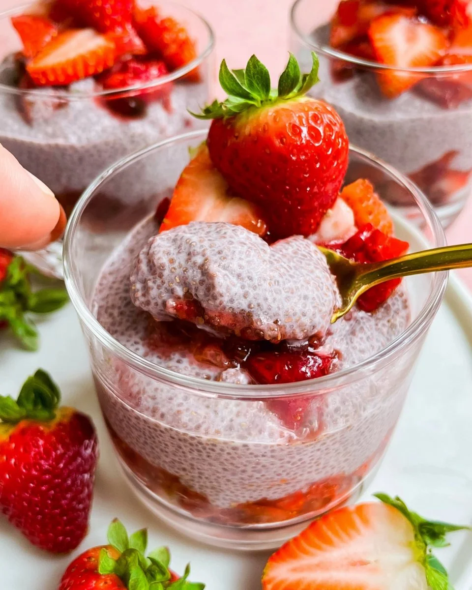Strawberry Chia Seed Protein Pudding in a bowl with fresh strawberries