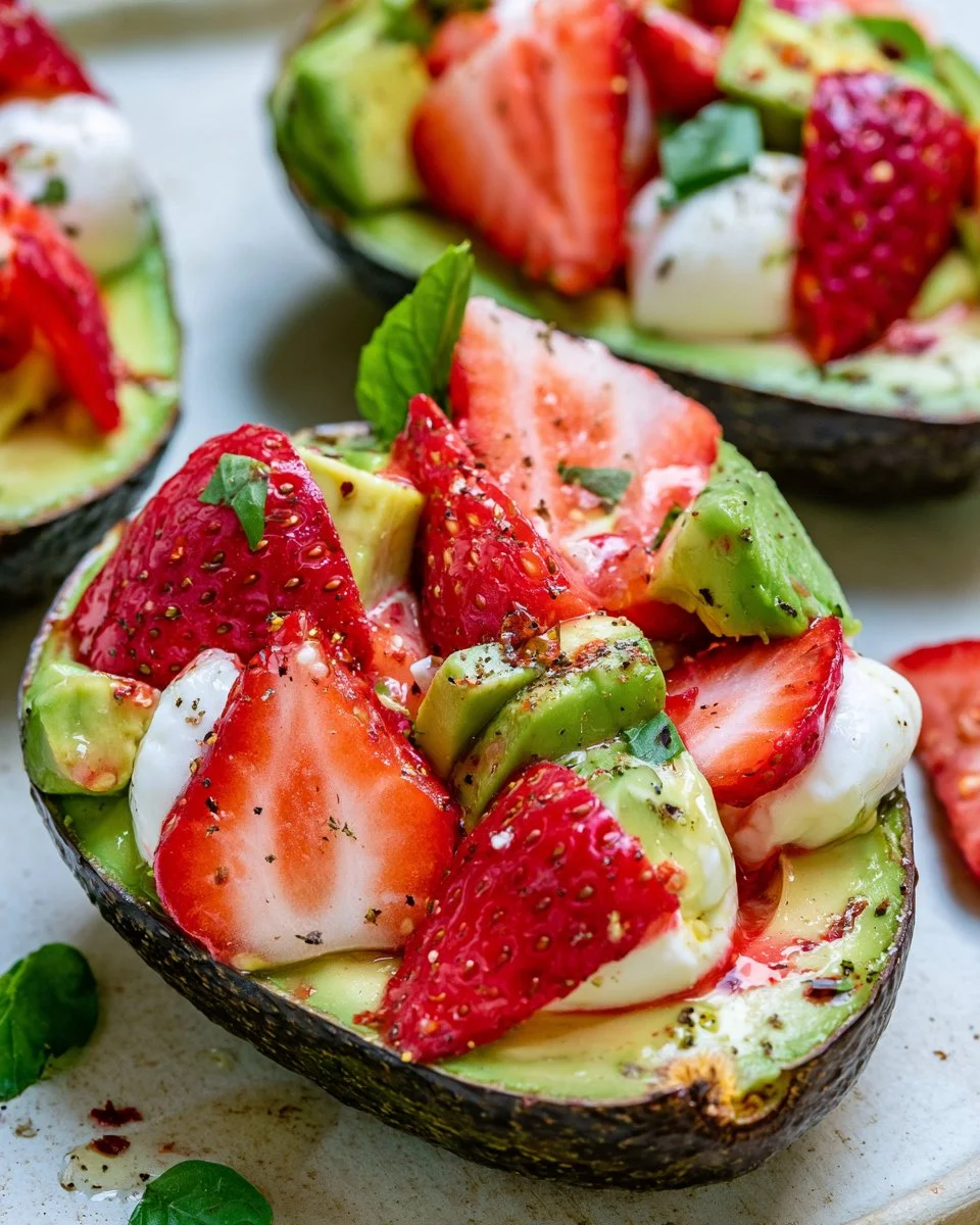 Strawberry Mozzarella Avocado Boats with fresh ingredients on a platter.