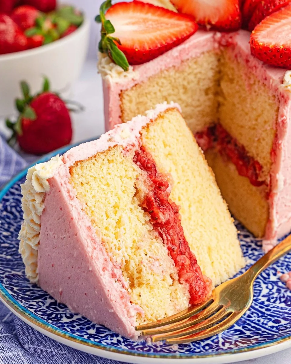 Strawberry Vanilla Cake with layers of strawberry filling and frosting