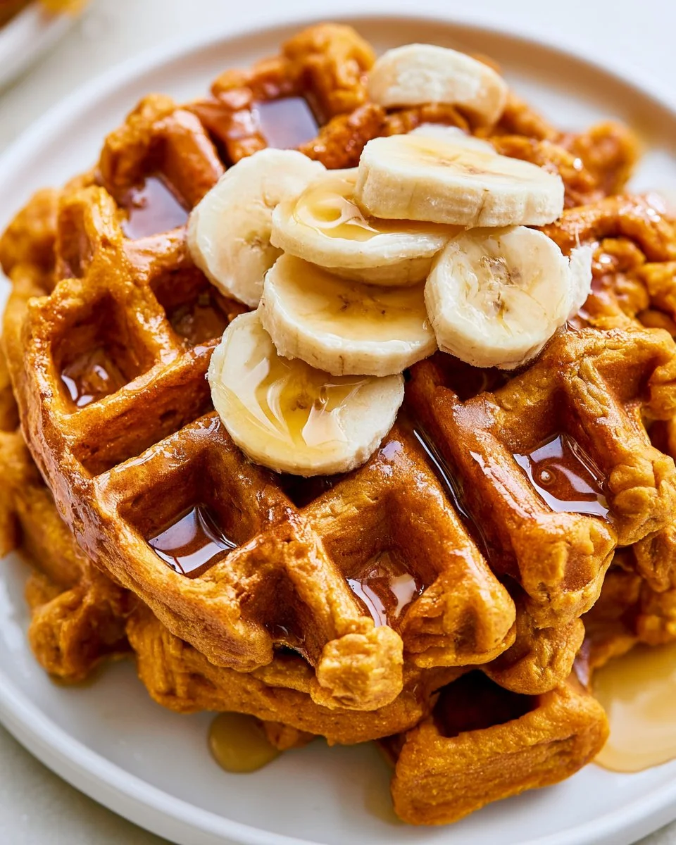 Delicious sweet potato waffles topped with syrup and fresh fruit