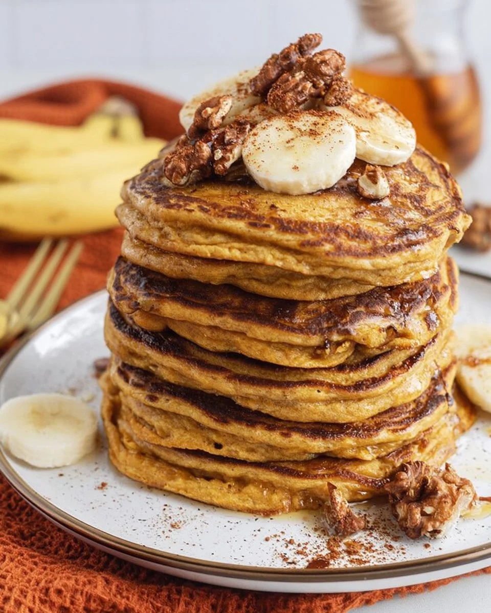 Plate of fluffy sweet potato pancakes topped with syrup and berries.
