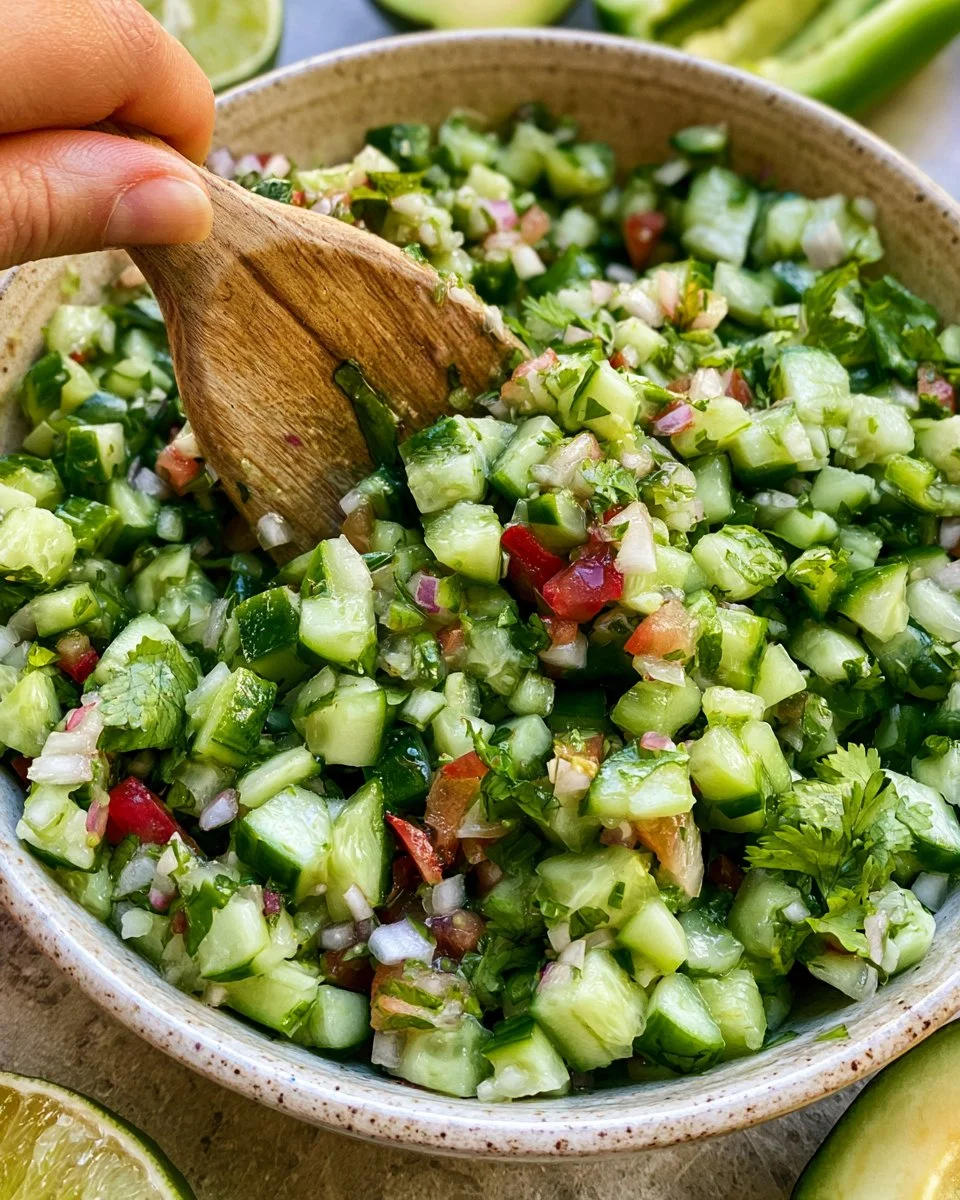 Delicious sweet and spicy fresh cucumber salsa served in a bowl