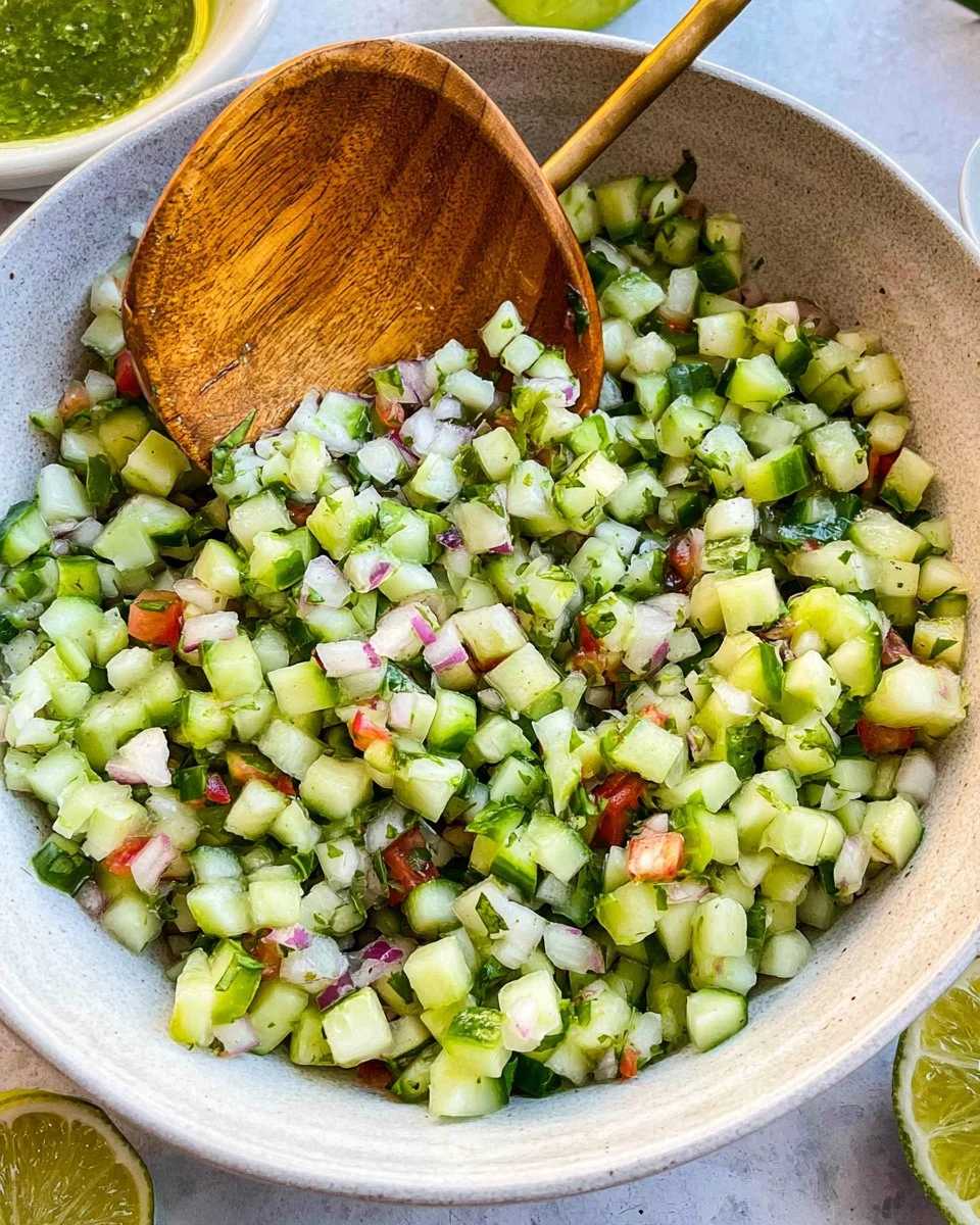 Delicious sweet and spicy fresh cucumber salsa served in a bowl