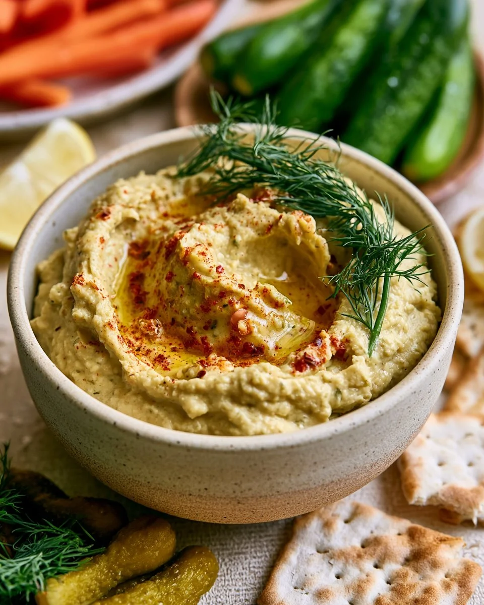Bowl of tangy dill pickle hummus with fresh dill and pickles