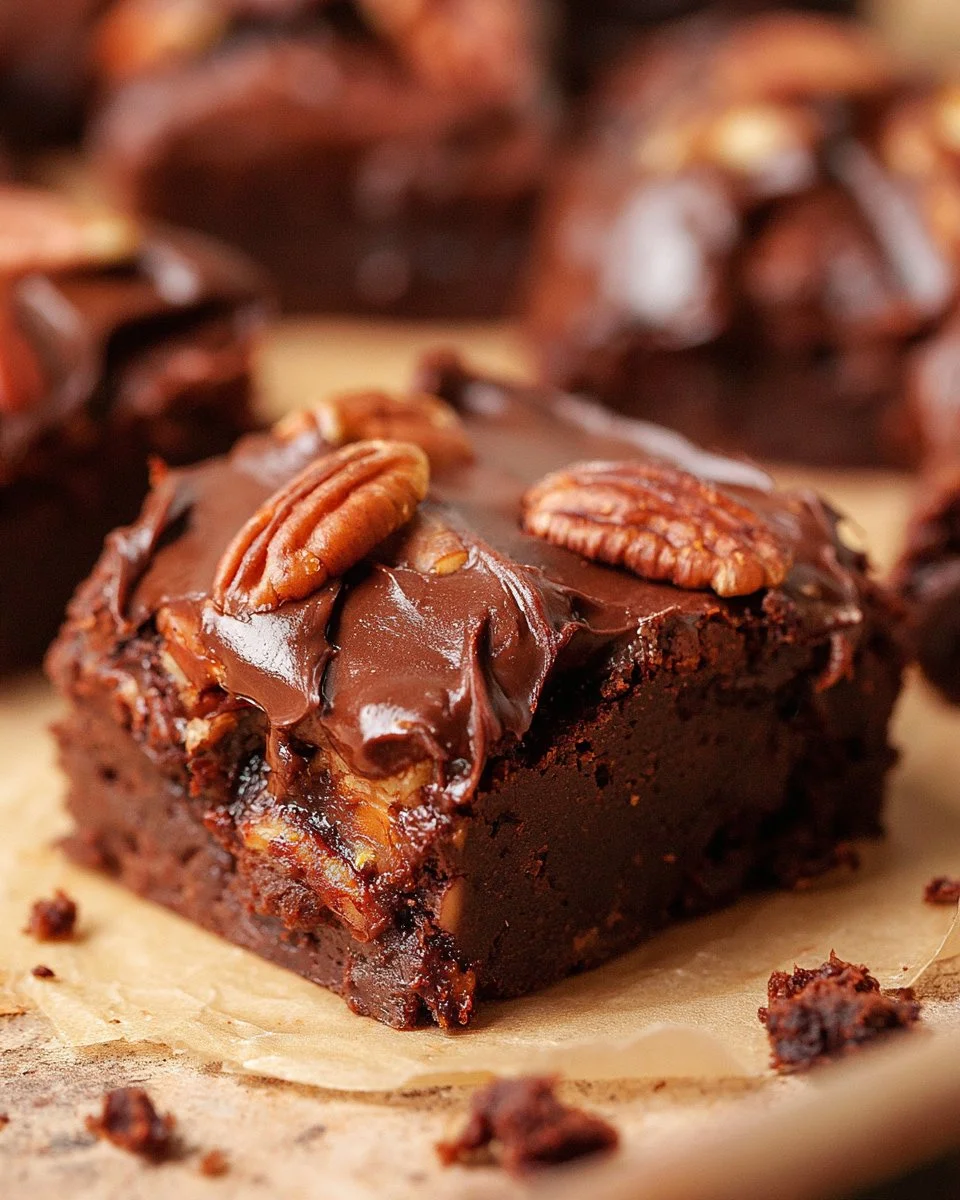 Delicious Texas Sheet Cake Brownies topped with chocolate frosting on a platter