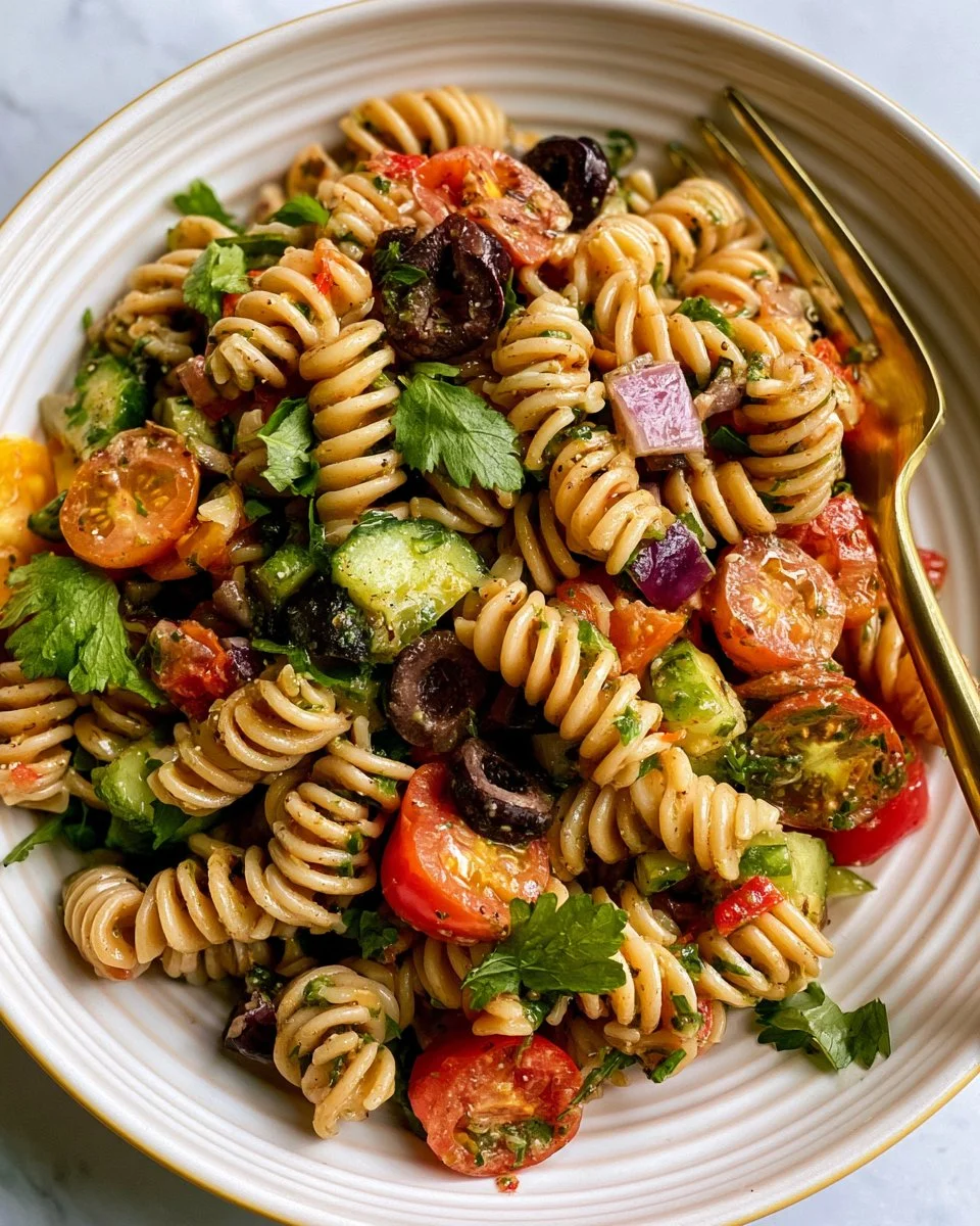 Colorful vegan pasta salad with fresh vegetables and herbs in a bowl