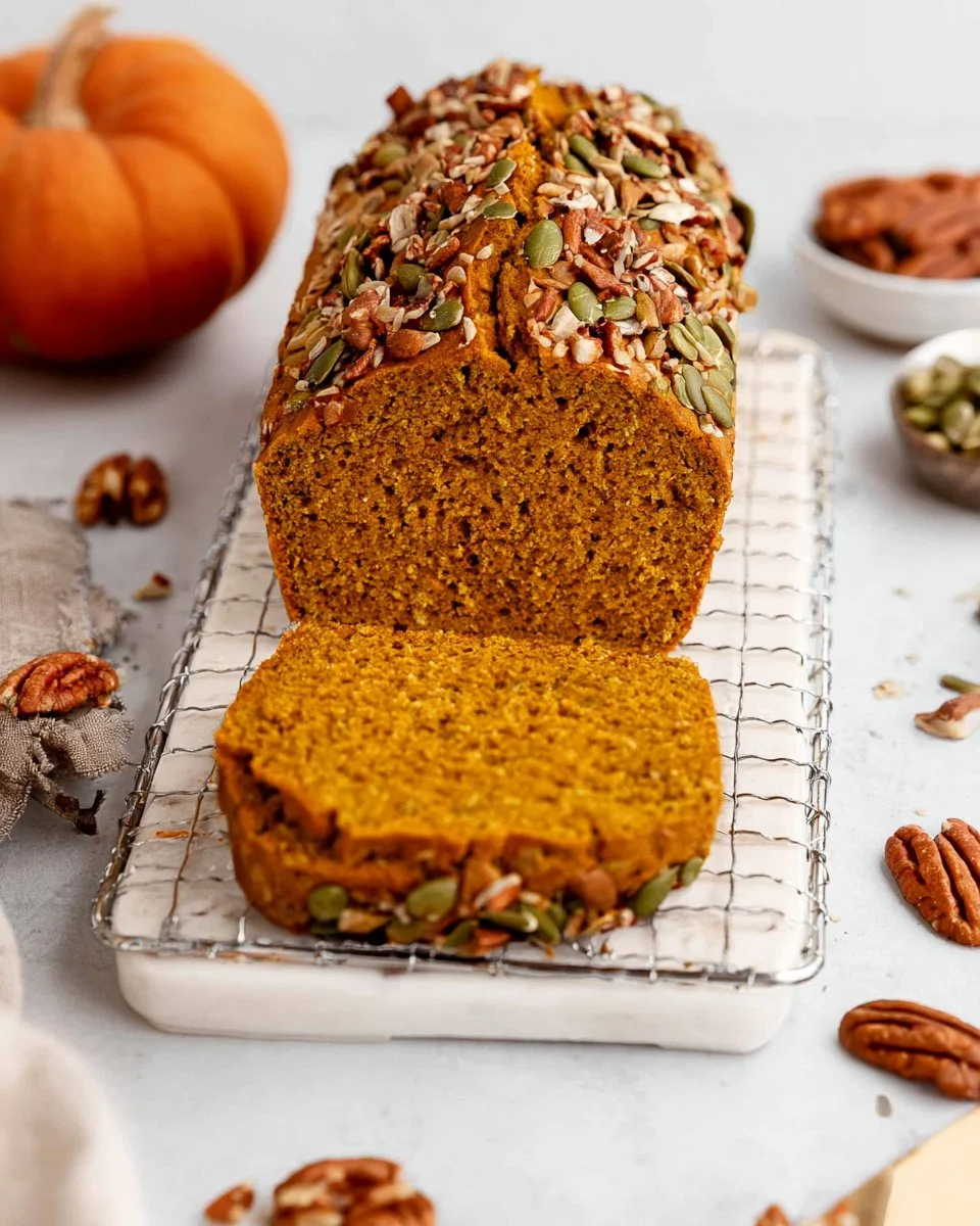 Sliced vegan pumpkin bread on a wooden board with pumpkin and spices