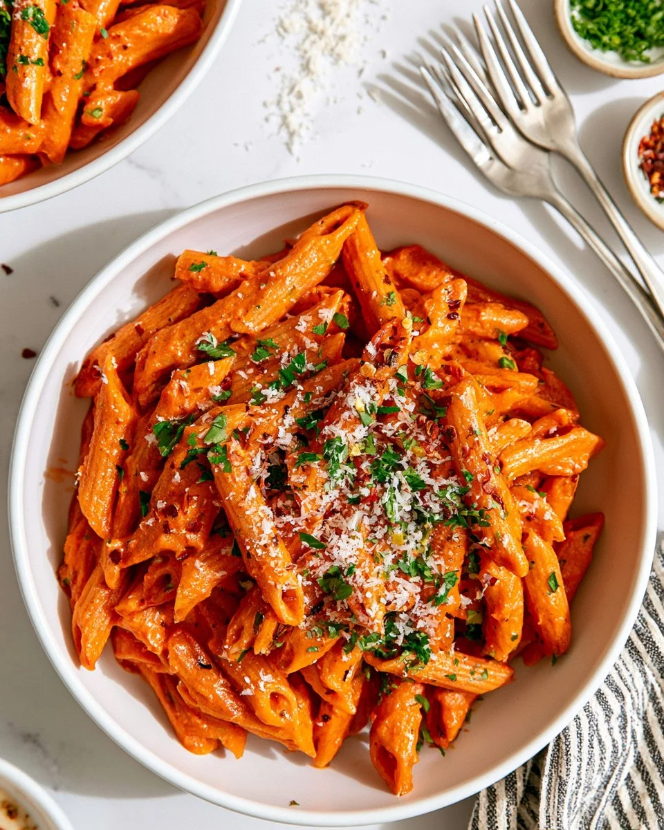 Delicious vegan roasted red pepper pasta topped with fresh herbs