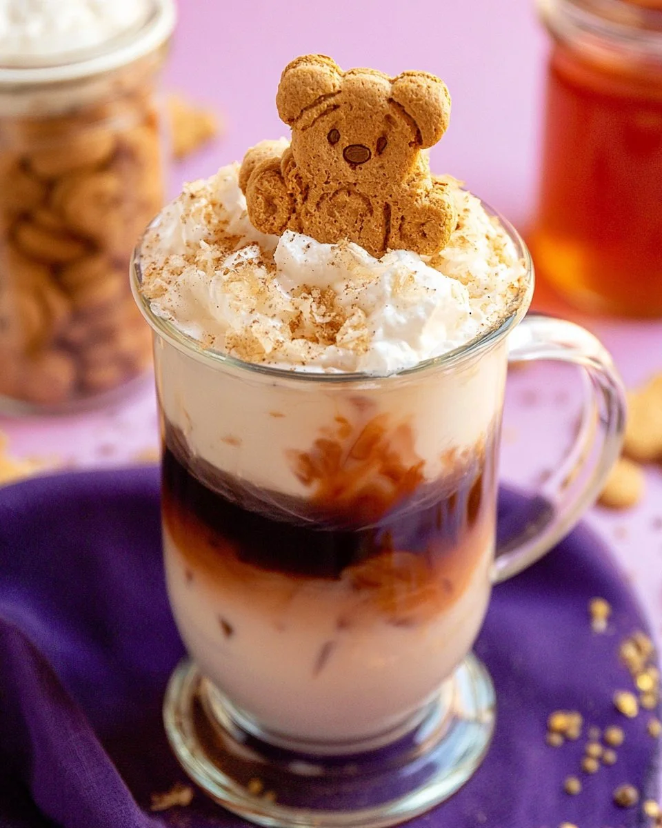 Delicious Teddy Graham Latte topped with whipped cream and teddy graham cookies
