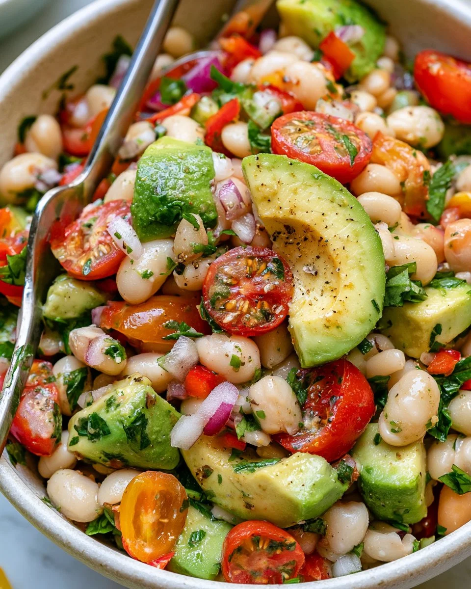 Delicious white bean avocado salad with fresh ingredients in a bowl