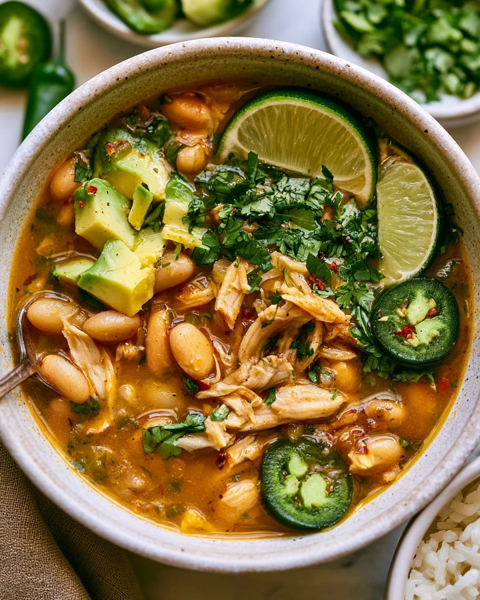 Delicious bowl of White Bean Chicken Chili garnished with herbs