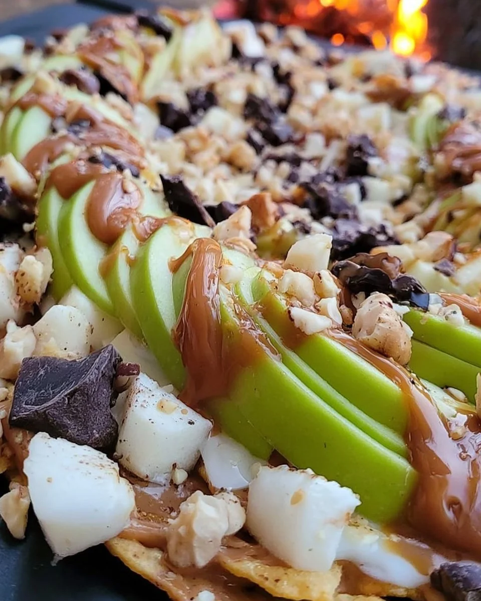 Delicious Apple Nachos drizzled with caramel and chocolate toppings