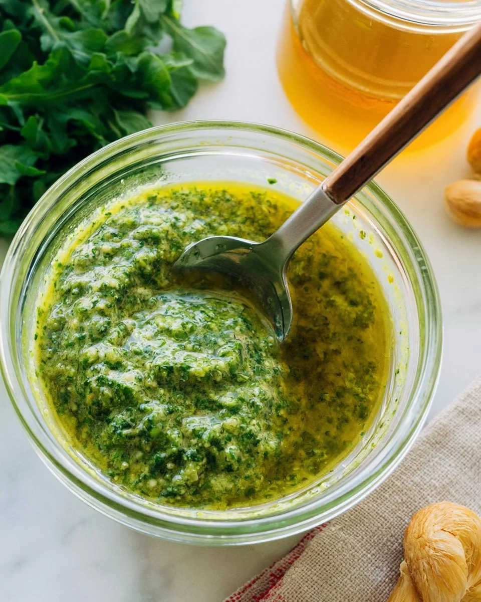 Homemade arugula pesto with fresh ingredients in a bowl