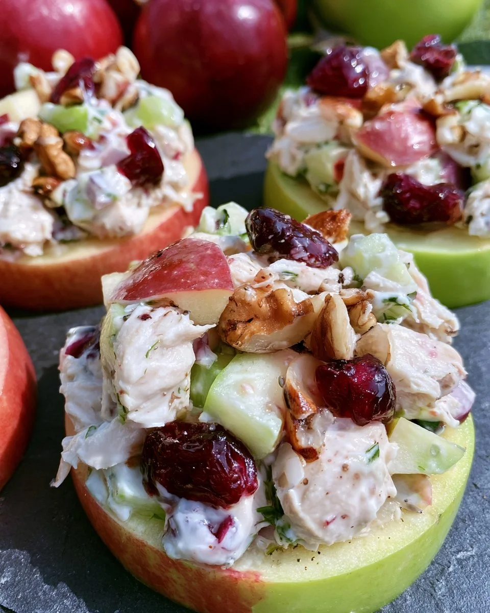 Chicken salad served on apple rounds, a healthy and delicious appetizer