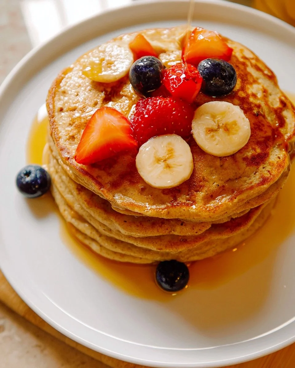 Stack of delicious gluten free pancakes topped with berries and syrup