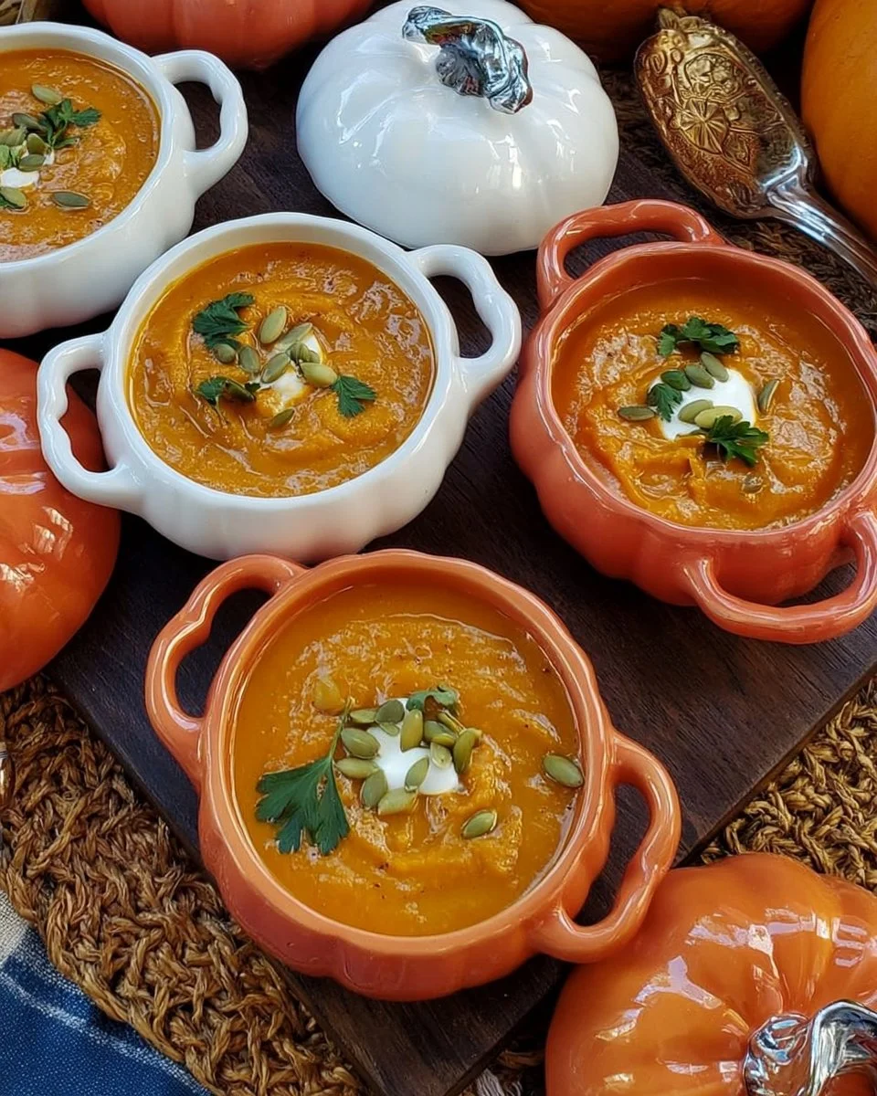 Bowl of homemade great pumpkin soup garnished with herbs