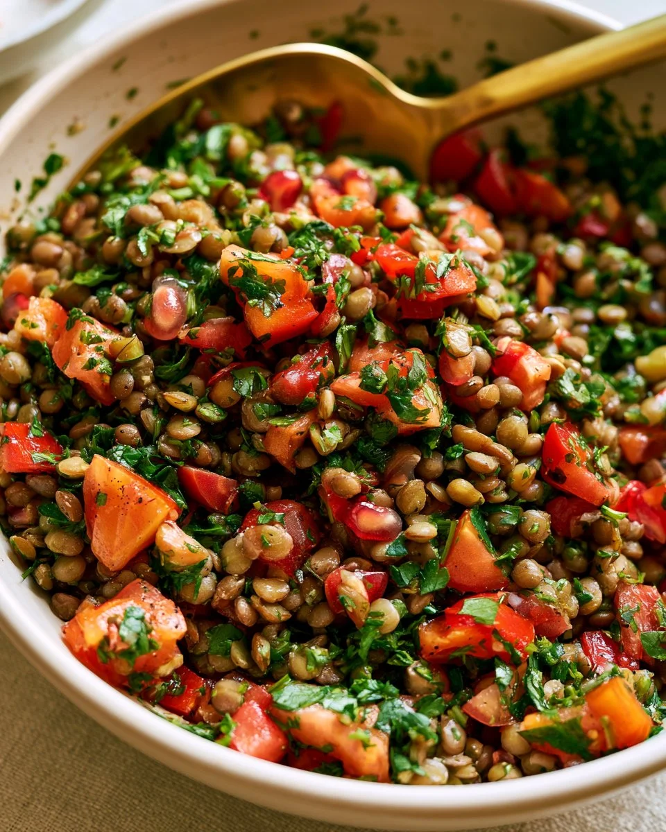 Colorful and nutritious lentil salad with fresh vegetables and herbs