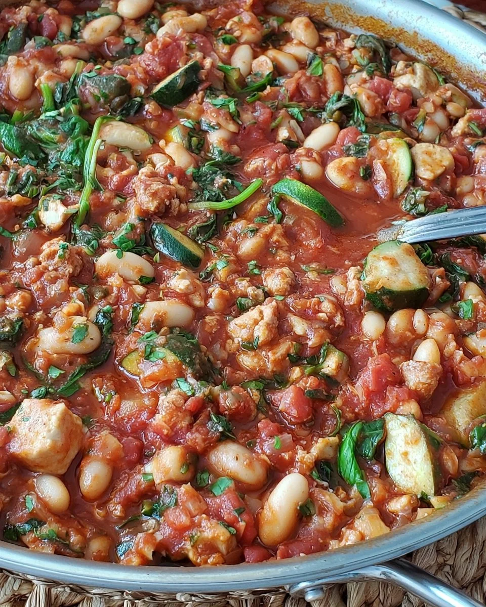 One-Pan White Bean Chili in a pot with fresh ingredients