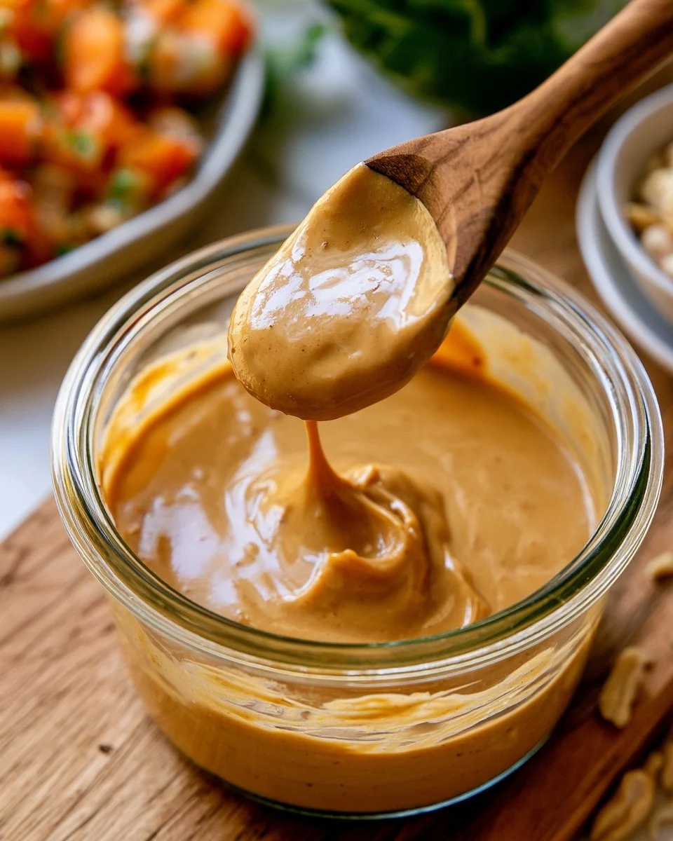 Creamy peanut dressing served in a bowl with fresh vegetables