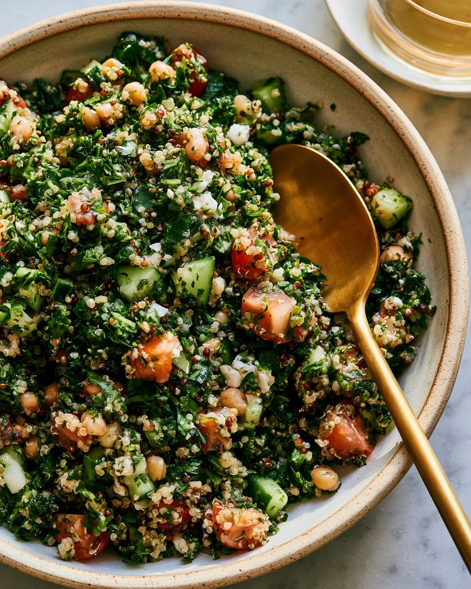 A colorful serving of Quinoa Tabbouleh salad with fresh vegetables and herbs.