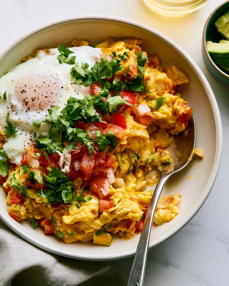 Delicious Tex-Mex Crumbled Eggs topped with fresh ingredients and spices