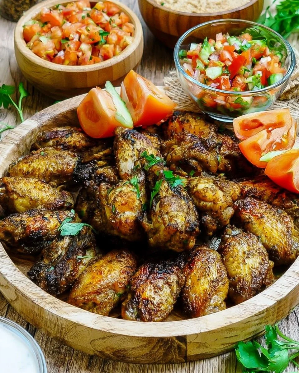 Baked jerk chicken wings served with spicy salsa for game day celebrations.